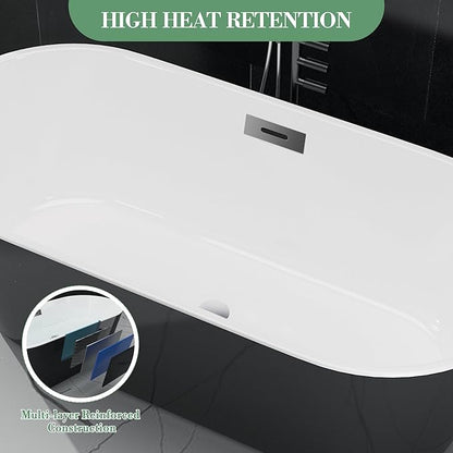 59" Acrylic Soaking Bathtub, Deep Modern Tub with Non-Slip Base, CUPC Certified, Space-Saving Bath with Chrome Drain and Overflow, Easy Install for Small Bathrooms, Black