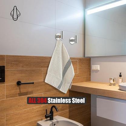 JQK Self Adhesive Towel Hook Brushed, No Drill Stick on Coat Robe Clothes Wall Hook for Bathroom Kitchen Garage 2 Pack, 304 Stainless Steel Brushed Steel, ATH110-BN-P2