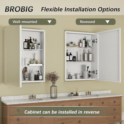 Bathroom Medicine Cabinet with Mirror, 14x18 Recessed or Wall Mirror Medicine Cabinet with Storage Adjustable Glass Shelves, Beveled Edge Mirrored Door with Aluminum Cabinet Hinges