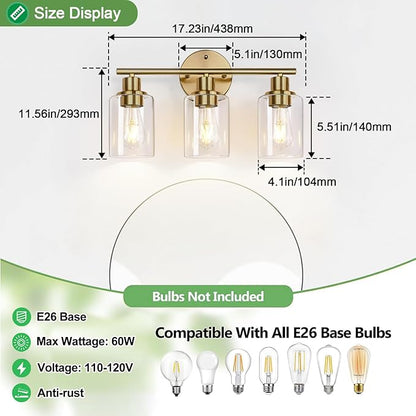 3-Light Gold Bathroom Light Fixtures, Modern Bathroom Vanity Light with Clear Glass Shade, Brushed Gold Bath Wall Mount Lights, Wall Lamp for Mirror Kitchen Bedroom Hallway Living Room Hallway
