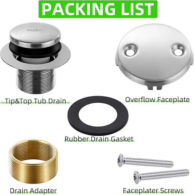 Brushed Nickel Bathtub Drain Tip-Toe Tub Trim Set with Two-Hole Overflow Faceplate Bathroom Tub Drains Replacement Conversion Tub Drain Kit Assembly with Universal Fine & Coarse Thread