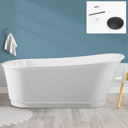 FerdY Langkawi 67" Acrylic Freestanding Bathtub, White Modern Stand Alone Soaking Bathtub, cUPC Certified, Matte Black Drain and Minimalist Linear Design Overflow Included, Easy to Install, 02568T