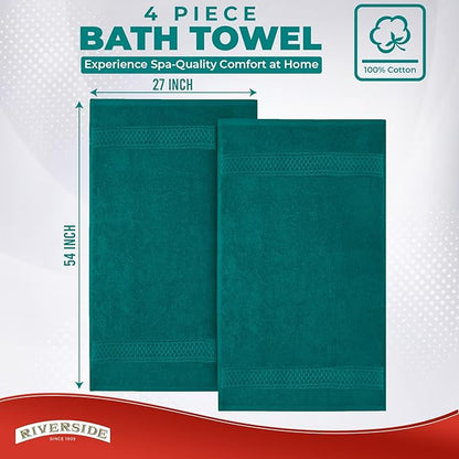 RIVERSIDE 100% Ring Spun Cotton Large Bath Towels Set of 4, 27 x 54 Inches – Quick Dry, Soft & Highly Absorbent Towels for Shower & Bathroom – Luxury 600 GSM Towels for Home, Spa, Gym, Hotel, Teal