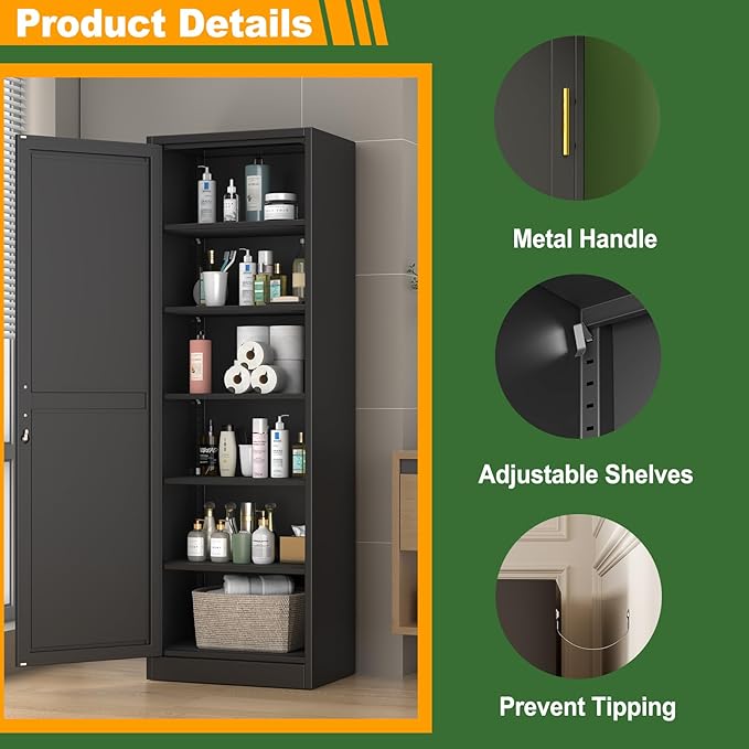 Metal Locker Tall Narrow Storage Cabinet, 67" H Locking Tool File Cabinets Snack Locker Organizer for School Classroom,Bedroom,Gym Home Office,Entryway and Hallway (20" W 1Door Black)