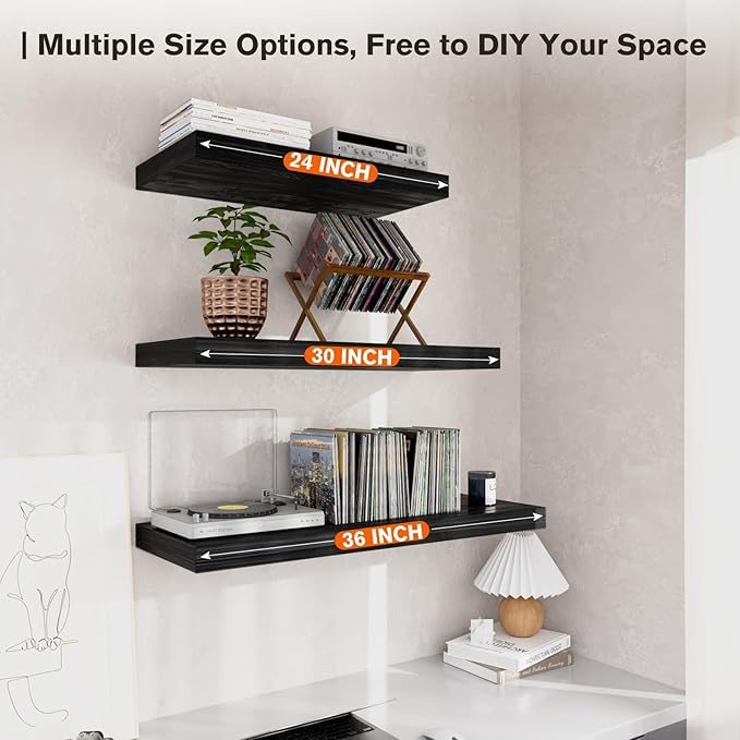 Floating Shelf, Set of 3 Wall Shelf, 30 in W x 12.75 in D x 2 in H Wooden Floating Wall Shelf with Invisible Brackets for Living Room/Bedroom/Bathroom/Kitchen Storage and Decor, Black Wood