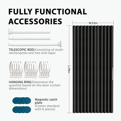 Accordion Door Curtain Set - 100% Blackout, with Curtain Rod Included, for Bedroom Privacy Protection (Black-53 W x 78" L+Rod)