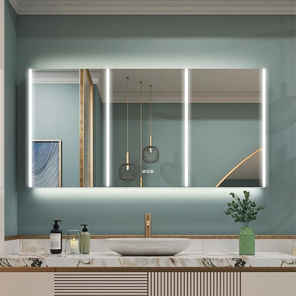 WELLFOR 60" x 30" LED Mirrored Bathroom Cabinet, Mirror Medicine Cabinet with Lights, Defogging LED Mirror Cabinet with Outlets & USB Ports, Surface Mounted, Three Doors, Hardwired Connected
