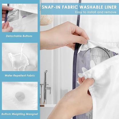 No Hook Flower Daisy Shower Curtain with Snap in Fabric Liner Set, Purple Wooden Boards Double Layers Waterproof Fabric with See Through Top Window Open Grommet Bath Curtain 71x86 Inch