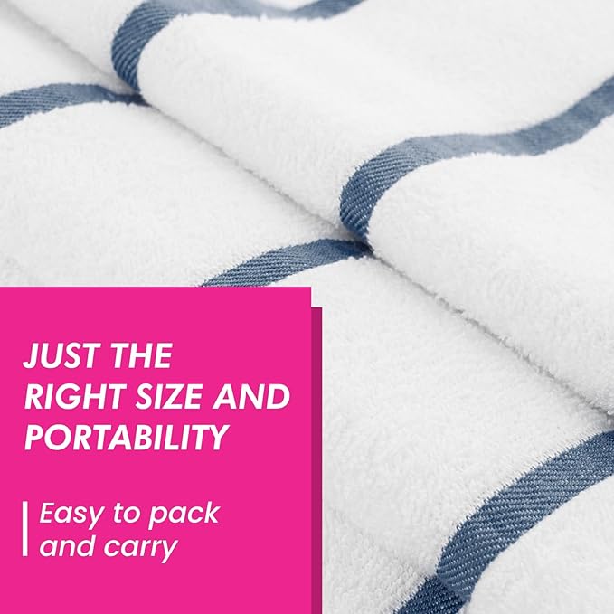 CASA COPENHAGEN Cabana Beach Towel Designed in Denmark Rough and Tough, Quick Dry, Pool, Bath & Shower 30x60 inches 4 Pieces Cotton Beach Bath Towels Set - White Navy Stripe