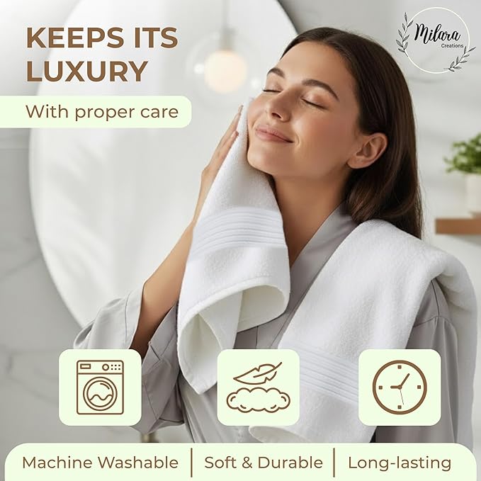 Milara Turkish Bath Towels Set of 6| 2 Bath Towels, 2 Hand Towels & 2 Wash Cloths with Elegant White Color | 700 GSM Premium Quality Cotton Ultra-Soft & Absorbent