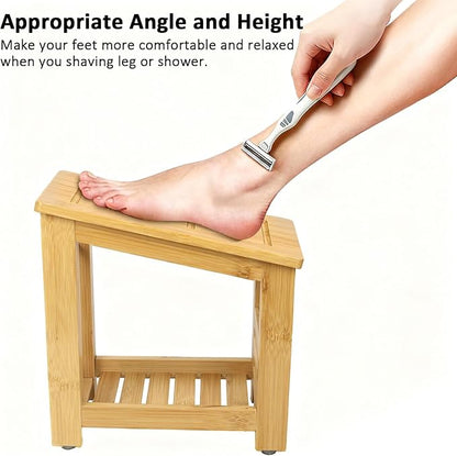 Shower Foot Rest, Small Bamboo Foot Stool with Storage Shelf, Shower Stool for Shaving Legs, No Assembly Required, Natural