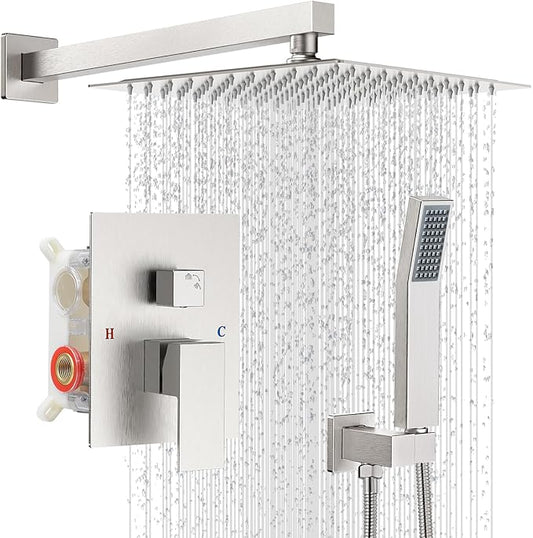 Shower Faucet Set with Shower Head, Wall Mount 10 Inch Square Rainfall Shower Head and Handle Set Single Handle Shower System Set with Female Threads Valve Body and Trim Included(Brush Nickel)
