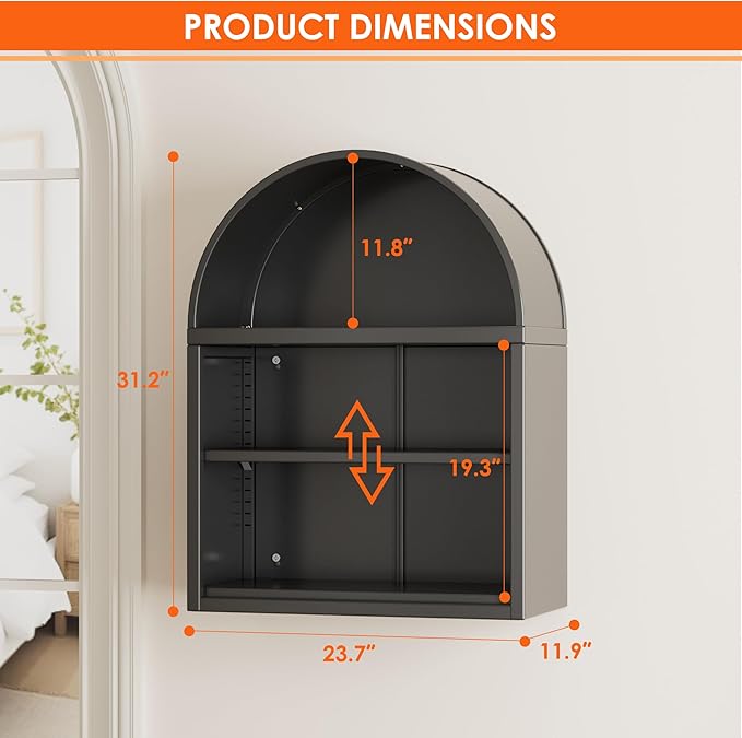 Arched Wall Shelf, Bathroom Arched Wall Cabinet with Adjustable Shelves for Bathroom, Living Room, Dining Room, Laundry, Kitchen