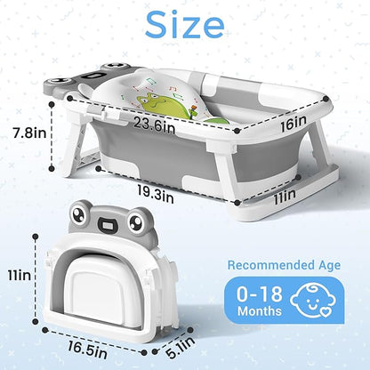Baby Bathtub, Collapsible Newborn Bathtub for Infant to Toddler 0-24 Months with Soft Cushion and Thermometer,Portable Travel Newborn Tub with No-Slip Feet, Baby Shower Gifts,Grey