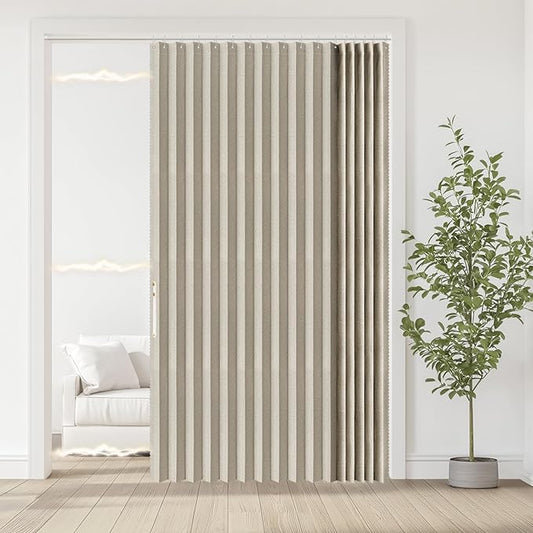 Accordian Door Curtain, 100% Blackout Folding Magnetic Doorway Curtains,Linen Style Closet Doors,for Room Divider,Privacy Protection（W72 x L78,Off White,1 Panel）