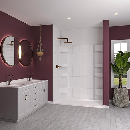 White Acrylic Shower Wall Surround 36"x 60"x 80" - Waterproof, Easy-to-Install, Two Shelf Units Kit Included - Shower Wall Surround Panels - Vertical Pattern, Dynamic Shelves - Noah William Home