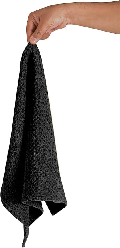Native Fab Set of 4 Premium Waffle Dish Towels 16x26 inches - Soft Absorbent - 100% Cotton Kitchen Towels for Quick Drying Dishes, Reusable Cleaning Cloths, Black