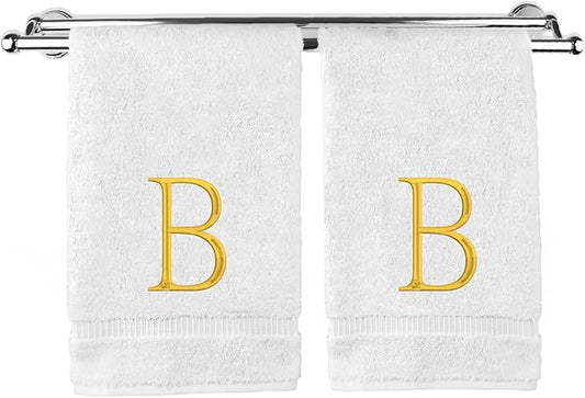 Monogrammed Hand Towel, Personalized Initial Gift, Extra Absorbent 100% Turkish Cotton - Soft Terry Finish - Set of 2 - Gold Block Initial B - Embroidered on White Towels