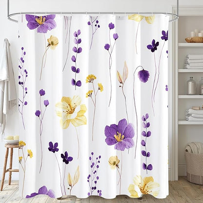 Gibelle Watercolor Floral Shower Curtain, Purple Yellow Flower Shower Curtain for Bathroom, Modern Minimalist Waterproof Fabric Shower Curtain Set 72x72 Inch