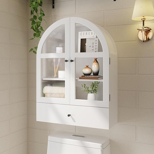 BLANKSPACE Bathroom Curved Wall Cabinet with Drawer, Over The Toilet Organizer for Bathroom White Storage Cabinet with Glass Door and Soft Closing