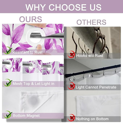 No Hook Shower Curtain and Liner Set, Purple Eucalyptus Floral Shower Curtains for Bathroom, Bath Curtain Sets with Snap in Liner, Waterproof with See Through Top Window, 71x74 Inches