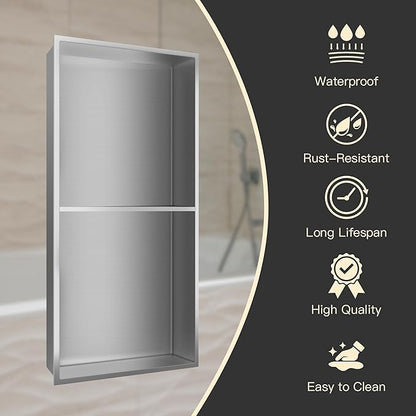 24" X 12" Shower Niche Insert Tile Ready, Niche for Shower Wall, Stainless Steel 2-Tier Recessed Shelf No Tile Needed for Bathroom Storage, Brushed Nickel