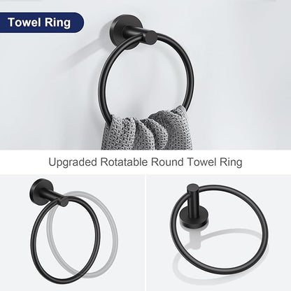 Lairuier Matte Black Bathroom Hardware Set, 10-Piece Towel Bar Set SUS304 Stainless Steel Bathroom Hardware Accessories Set Round Towel Holder Set Wall Mounted