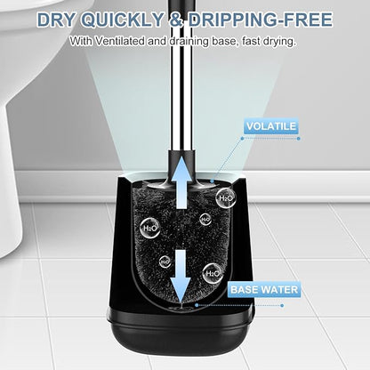 SetSail Toilet Brush and Holder 4 Pack, Self Closing Lid Toilet Bowl Brushes Holder Extra Long Handle Ventilated Toilet Brush Set for Bathroom Cleaning, Nylon Bristles, Black