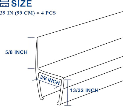 Frameless Shower Door Seal Strip 4 Pack x 39 Inch H for 3/8" Thick Glass Shower Door Side Seal Strip Bottom Seal Door Sweep, Ultra Clear Polycarbonate Stop Showers Leaks Create A Water Barrier