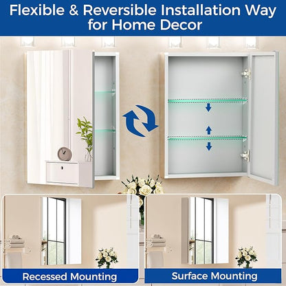 Bathroom Medicine Cabinet with Mirror, 20x26 Recessed or Wall Mirror Medicine Cabinet with Storage Adjustable Glass Shelves, Beveled Edge Mirrored Door with Aluminum Cabinet Hinges