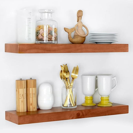 Homeforia 24inch Oak Floating Shelf for Wall, High End Solid Real Wood 24 inches Long Floating Shelves for Bathroom, Honey Oak Wooden Floating Shelves, Heavy Duty Bracket, 24 X 6.5 X 1.75 in, Set of 2