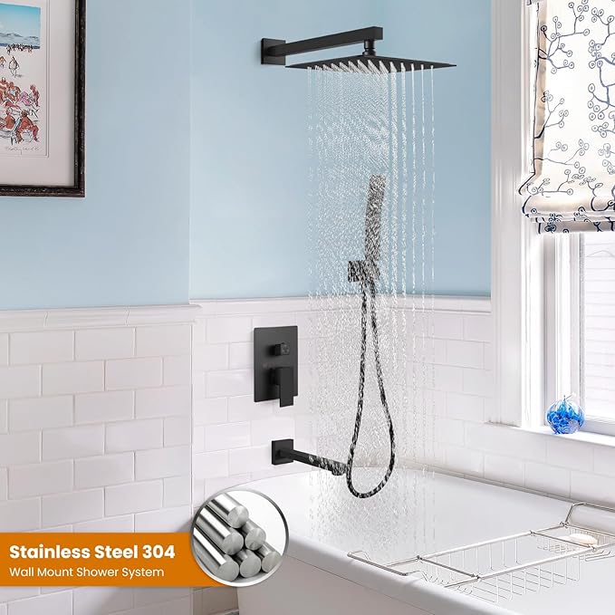gotonovo Shower System with Tub Spout Wall Mounted Rain Shower Head and Handle Combo Shower Faucet Set with Valve, 10 Inch, Matte Black