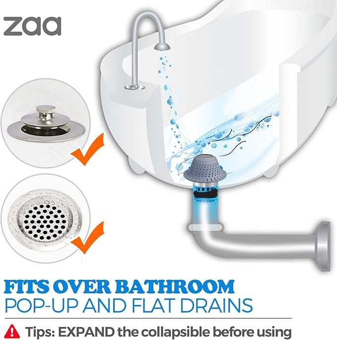 zaa Bathtub Drain Hair Catcher, Premium Silicone Collapsible One Pack Drain Protector for Pop-Up and Regular Drains of Shower, Bathtub, Tub, Bathroom, Sink, Light Blue