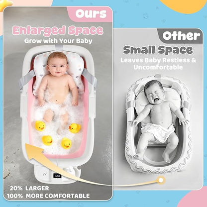 Orzbow Collapsible Baby Bathtub, Large Baby Bath Tub for Newborn with Soft Cushion & Thermometer, Travel Portable Baby Tubs for Infants to Toddler 0-36 Months, Pink