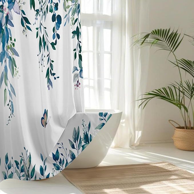 No Hook Shower Curtain and Liner Set, Dark Blue Eucalyptus Floral Shower Curtains for Bathroom, Bath Curtain Sets with Snap in Liner, Waterproof with See Through Top Window, 71x74 Inches