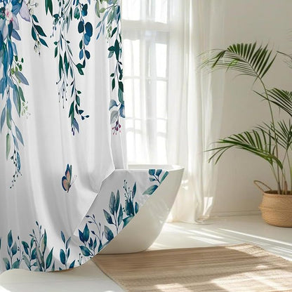 No Hook Shower Curtain and Liner Set, Dark Blue Eucalyptus Floral Shower Curtains for Bathroom, Bath Curtain Sets with Snap in Liner, Waterproof with See Through Top Window, 71x84 Inches