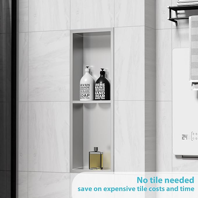 Stainless Steel Shower Niche 24" X 8", No Tile Needed Wall Niche Double Shelves, Recessed Shower Shelf for Bathroom Storage, Brushed Nickel