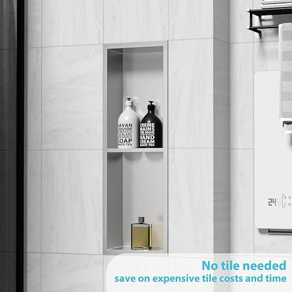 Stainless Steel Shower Niche 24" X 8", No Tile Needed Wall Niche Double Shelves, Recessed Shower Shelf for Bathroom Storage, Brushed Nickel