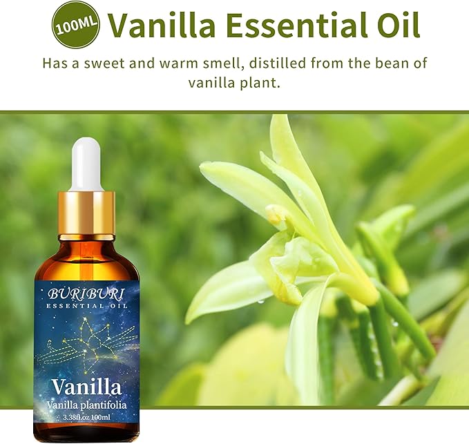 BURIBURI Pure Vanilla Essential Oil and Coconut Oil 100ml Organic Aromatherapy Oils 3.38 fl.oz Coconut Essential Oil for Diffuser Humidifier