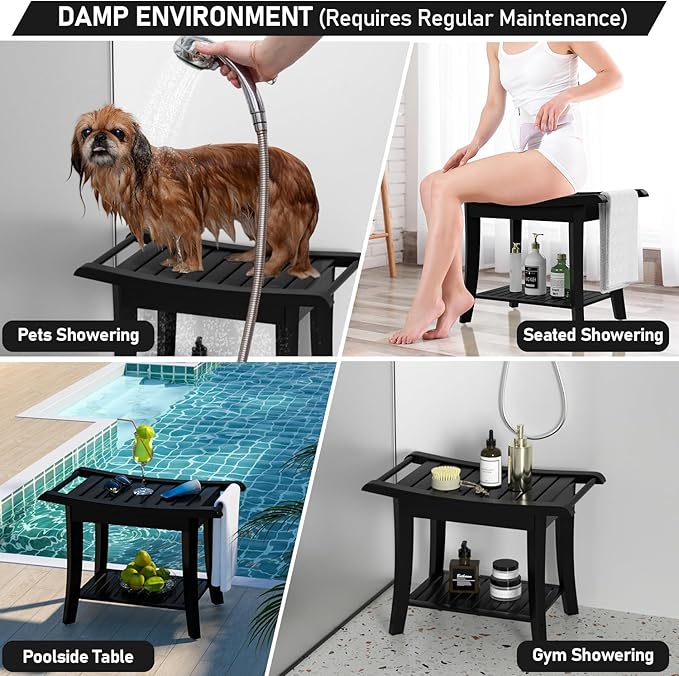 Bamboo Shower Stool Bench Waterproof with Storage Shelf for Shaving Legs or Spa Bath Seat in Bathroom & Inside Shower for Adults Seniors Elderly (24 x 13.4 x 18.5 inches+Black)