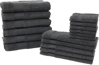 Hencely 18-Piece Bath Towel Set - High Absorbency, Quick Drying - 100% Soft Turkish Cotton - 6 Bath Towels, 6 Hand Towels, 6 Washcloths - for Bathroom, Home, Hotel, Spa, and Gym - 18-Pack Black