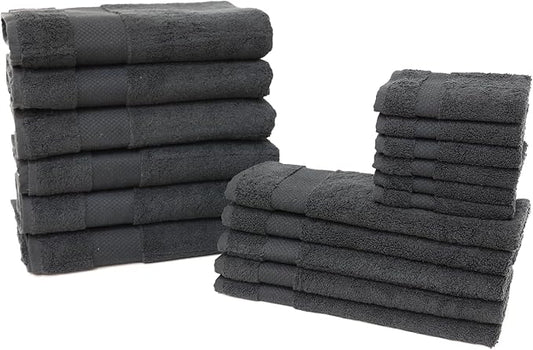 Hencely 18-Piece Bath Towel Set - High Absorbency, Quick Drying - 100% Soft Turkish Cotton - 6 Bath Towels, 6 Hand Towels, 6 Washcloths - for Bathroom, Home, Hotel, Spa, and Gym - 18-Pack Black