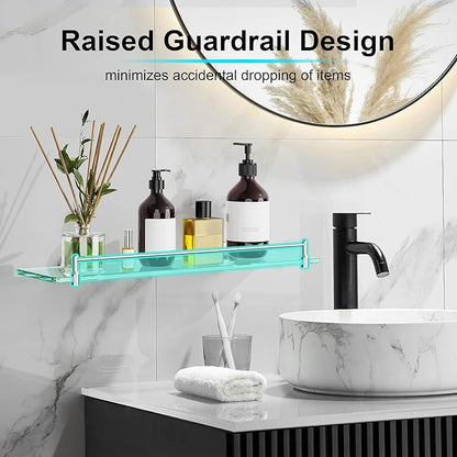 20 Inches Glass Shelves for Bathroom, Brushed Nickel Floating Glass Shelf Stainless Steel Tempered Glass Bathroom Shelves for Wall Mount Modern