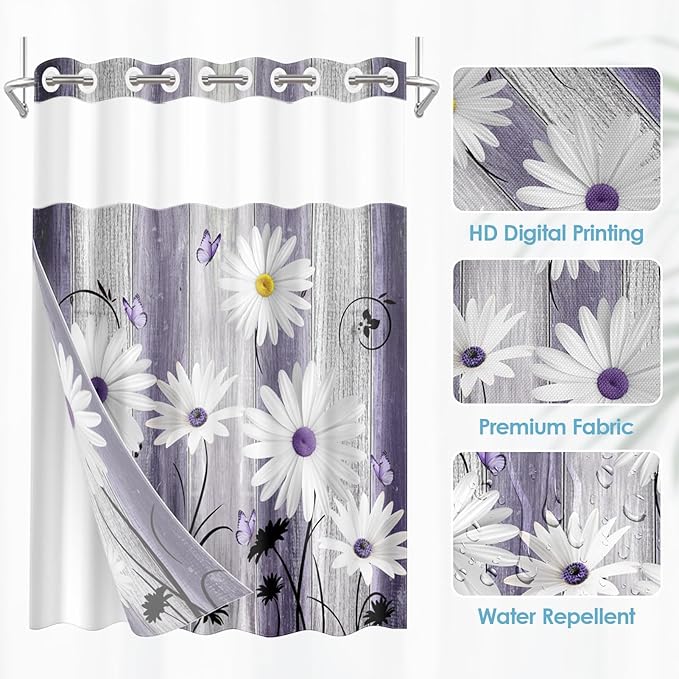 No Hook Flower Daisy Shower Curtain with Snap in Fabric Liner Set, Purple Wooden Boards Double Layers Waterproof Fabric with See Through Top Window Open Grommet Bath Curtain 71x86 Inch