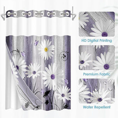 No Hook Flower Daisy Shower Curtain with Snap in Fabric Liner Set, Purple Wooden Boards Double Layers Waterproof Fabric with See Through Top Window Open Grommet Bath Curtain 71x86 Inch