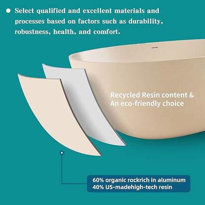 Stone Resin Freestanding Bathtub 65", Elegant Oval Shape Soaking Tub, Solid Surface Stand Alone Bathtub with Drain & Integrated Slotted Overflow AMFS303-1650 milky coffee