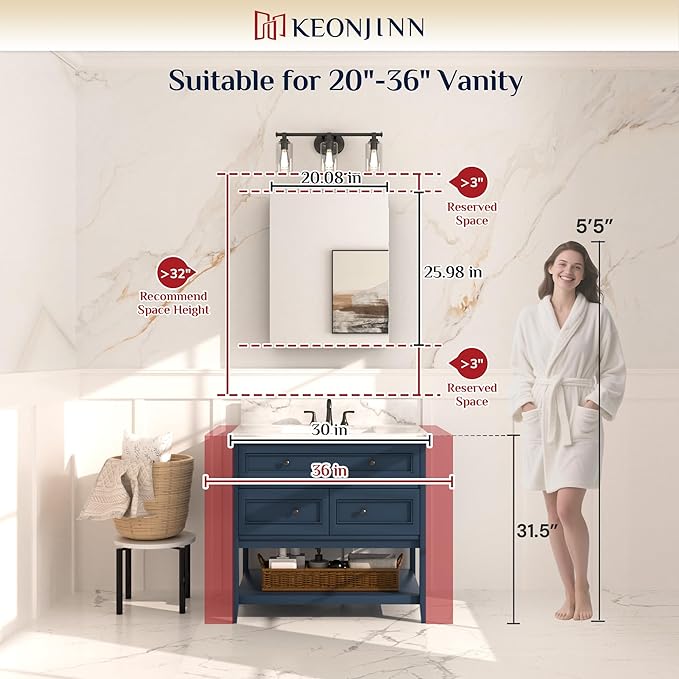 Keonjinn 20 x 26 Inch Black Medicine Cabinet, Bathroom Medicine Cabinet with Mirror, Lightweight Aluminum Structure, Assembly Required, in Wall or Wall Mount, Free Adjustable Shelves, Tempered Glass