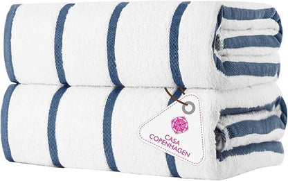 CASA COPENHAGEN Cabana Pool 2 Pieces Large Bath Sheet Set 70" x 35", 550 GSM, Designed in Denmark, Made of Soft Egyptian Cotton for Bathroom, Beach & Shower - White Navy Stripe