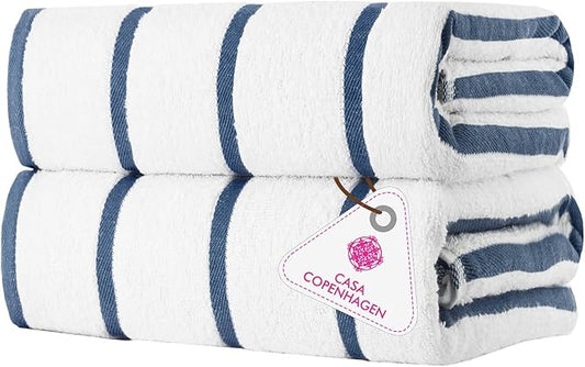 CASA COPENHAGEN Cabana Pool 2 Pieces Large Bath Sheet Set 70" x 35", 550 GSM, Designed in Denmark, Made of Soft Egyptian Cotton for Bathroom, Beach & Shower - White Navy Stripe
