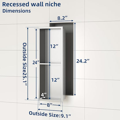 Neodrain Shower Niche Double Shelf Stainless Steel No Tile Needed Bathroom Niches Recessed in Wall, 2-Tier Recessed Wall Niche Waterproof Cubby(8X24 Inch,Brushed)